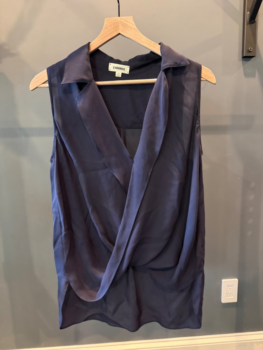L’AGENCE Freja Navy 100% Silk Draped Wrap Blouse Size M
